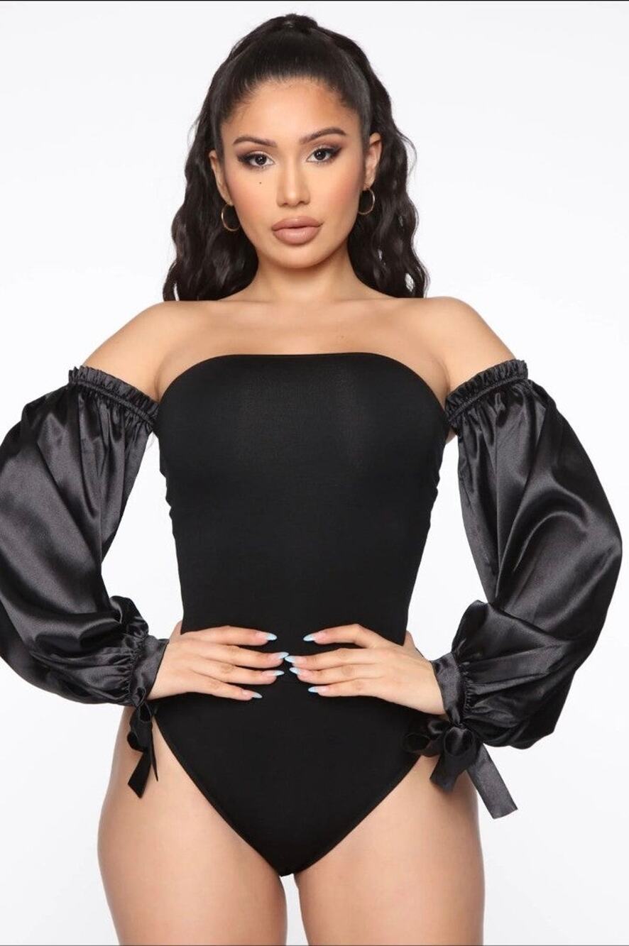 NWT Adika  Black Bodysuit with Satin Puffy Sleeves Size M